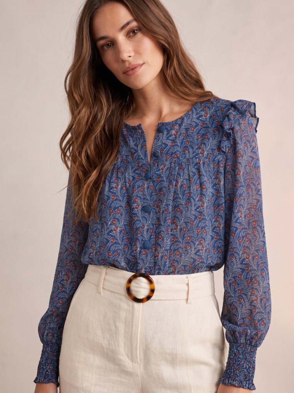 SEZANE Blue Floral Silk Blend Ruffle Blouse Top 38 US 6 Smocked Sleeve Button Up